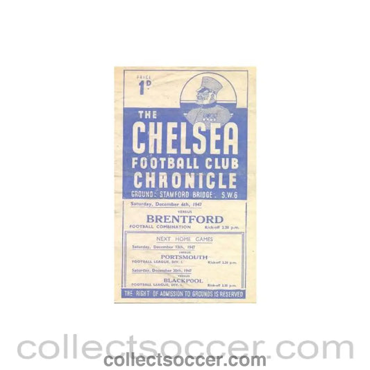 1947 - Chelsea Reserves v Brentford Reserves official programme 06/12/1947