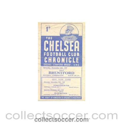 1947 - Chelsea Reserves v Brentford Reserves official programme 06/12/1947 - Collect Soccer