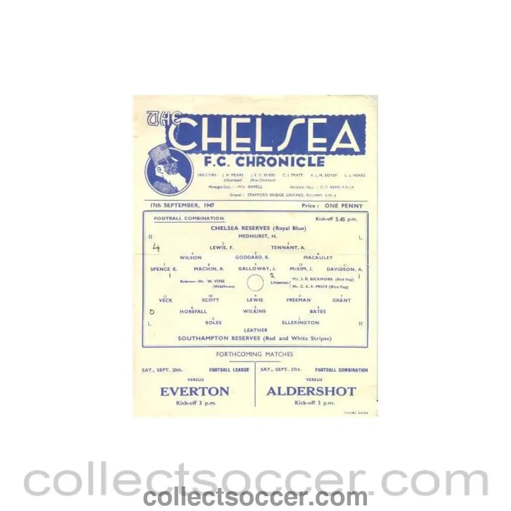 1947 - Chelsea Reserves v Southampton Reserves official programme 17/09/1947 - Collect Soccer