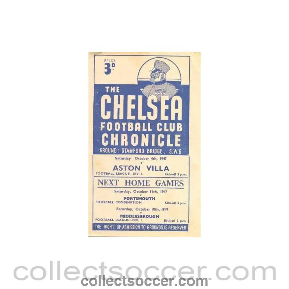 1947 - Chelsea v Aston Villa official programme 04/10/1947 - Collect Soccer