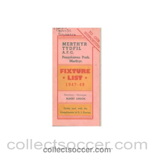 1947 - Merthyr Tydfil Football Club Fixtures 1947-1948 - Collect Soccer