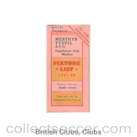 1947 - Merthyr Tydfil Football Club Fixtures 1947-1948
