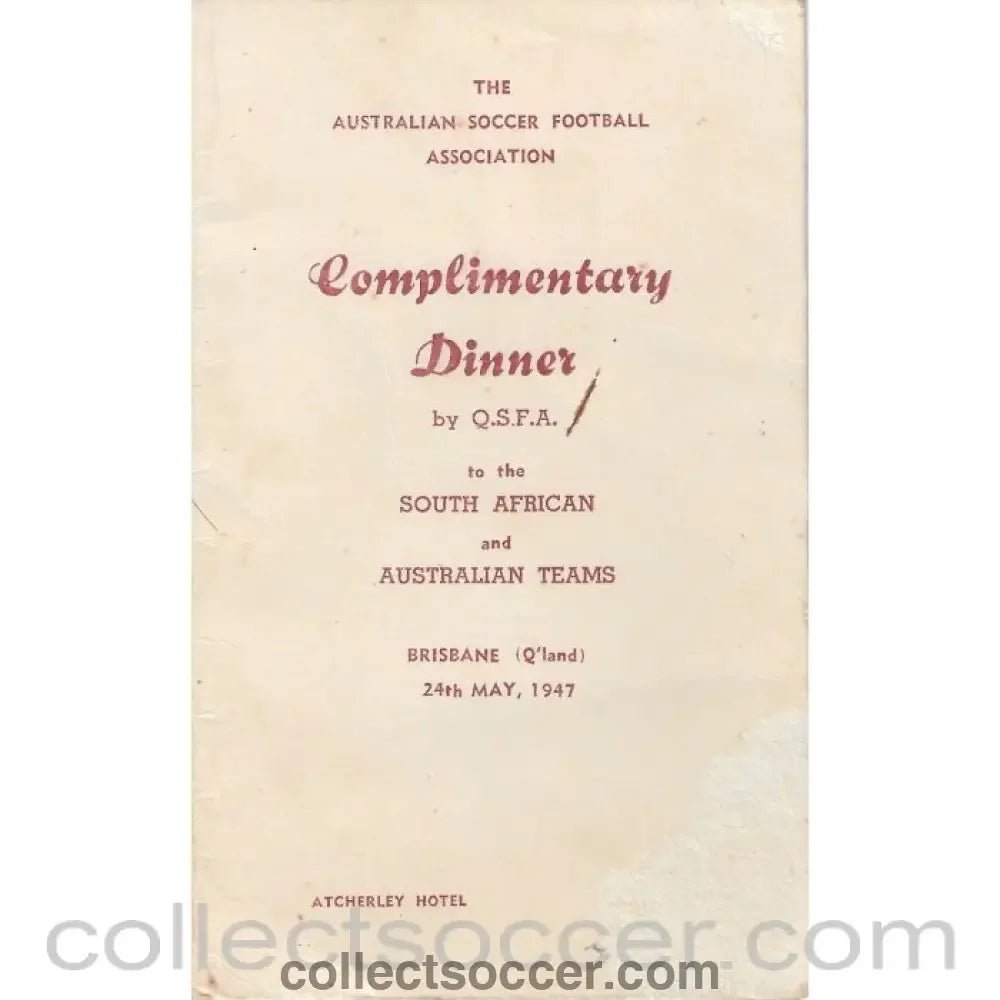 1947 - Rare Menu Australia v South Africa Football 24/5/1947 - Collect Soccer