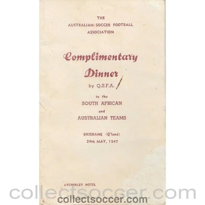 1947 - Rare Menu Australia v South Africa Football 24/5/1947 - Collect Soccer