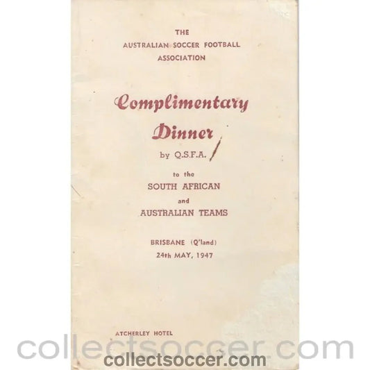 1947 - Rare Menu Australia v South Africa Football 24/5/1947 - Collect Soccer