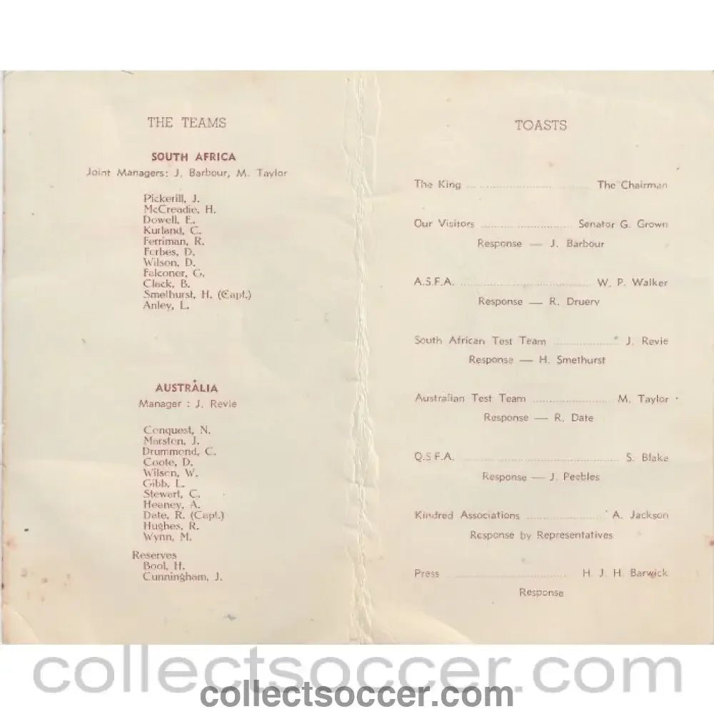 1947 - Rare Menu Australia v South Africa Football 24/5/1947 - Collect Soccer