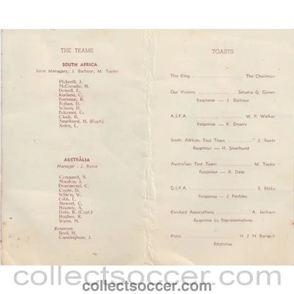 1947 - Rare Menu Australia v South Africa Football 24/5/1947 - Collect Soccer
