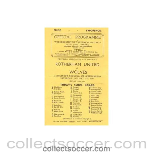 1947 - Rotherham United v Wolverhampton Wanderers official programme 11/01/1947 - Collect Soccer