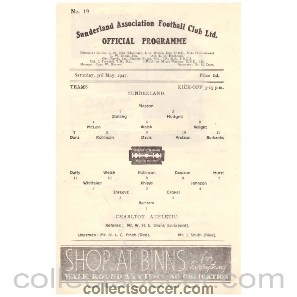 1947 Sunderland v Charlton Football Programme - Collect Soccer