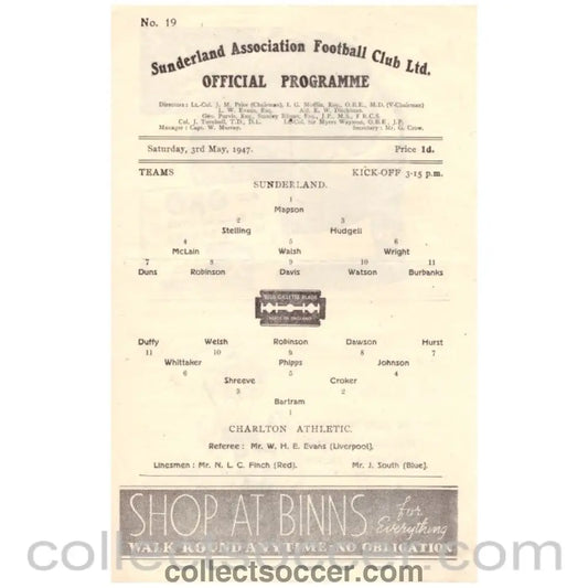 1947 Sunderland v Charlton Football Programme - Collect Soccer