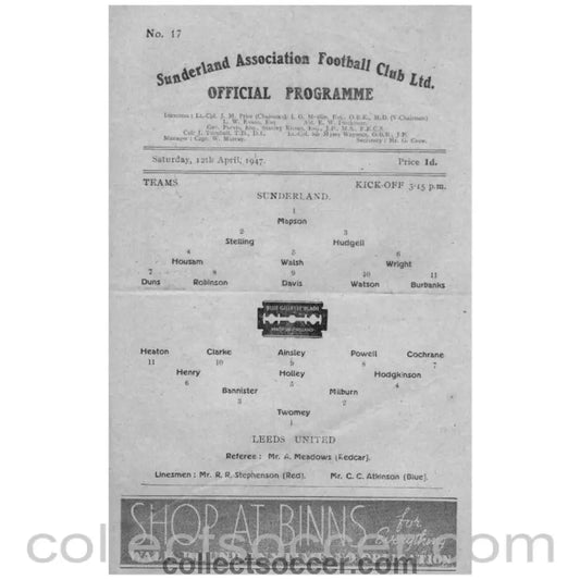 1947 Sunderland v Leeds United Official Programme - Collect Soccer
