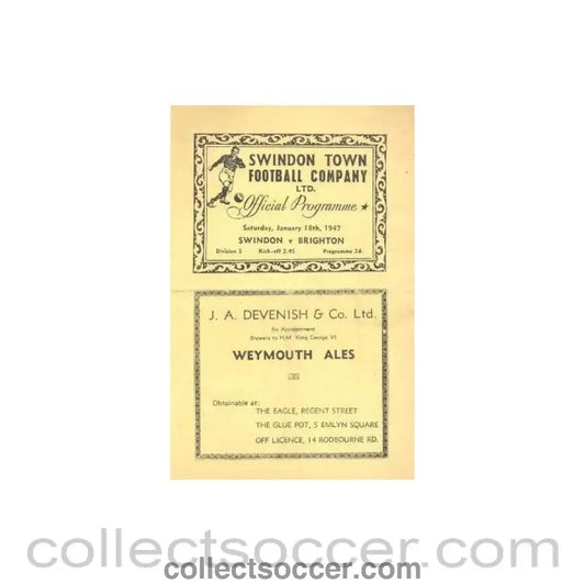 1947 - Swindon Town v Brighton & Hove Albion official programme 18/01/1947 - Collect Soccer