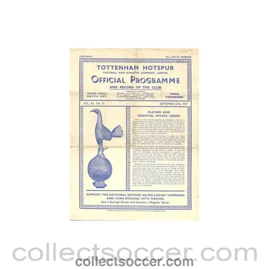 1947 - Tottenham Hotspur v Doncaster Rovers official programme 27/09/1947 Football League - Collect Soccer