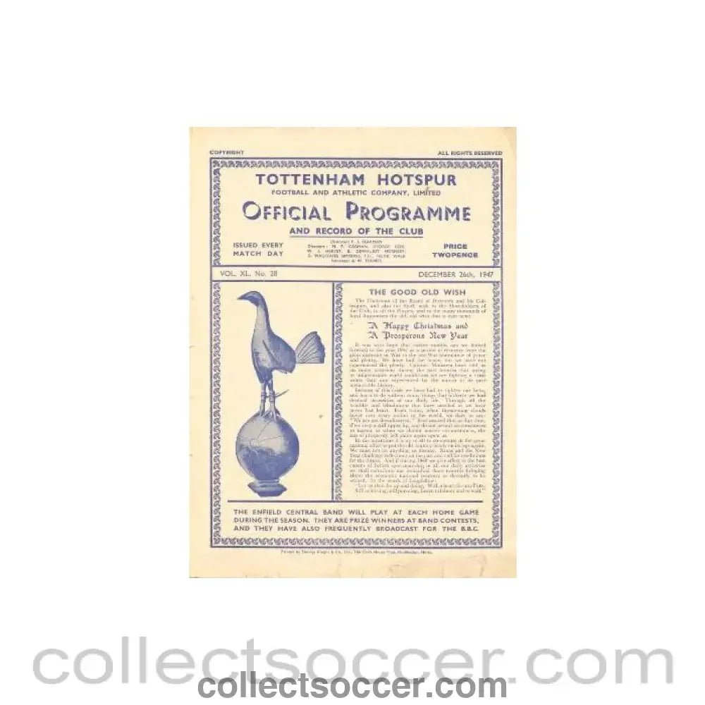 1947 - Tottenham Hotspur vChelsea Reserves official programme 26/12/1947 - Collect Soccer