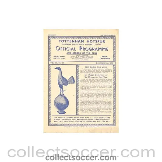 1947 - Tottenham Hotspur vChelsea Reserves official programme 26/12/1947 - Collect Soccer