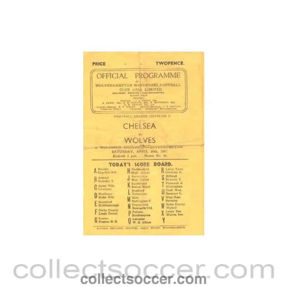 1947 - Wolverhampton Wanderers vChelsea official programme 26/04/1947 - Collect Soccer