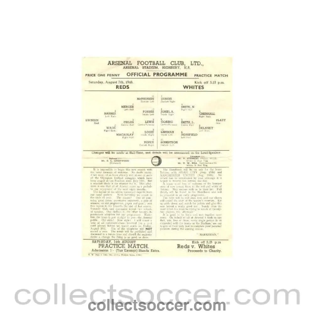 1948 - Arsenal practice match 07/08/1948 - Collect Soccer