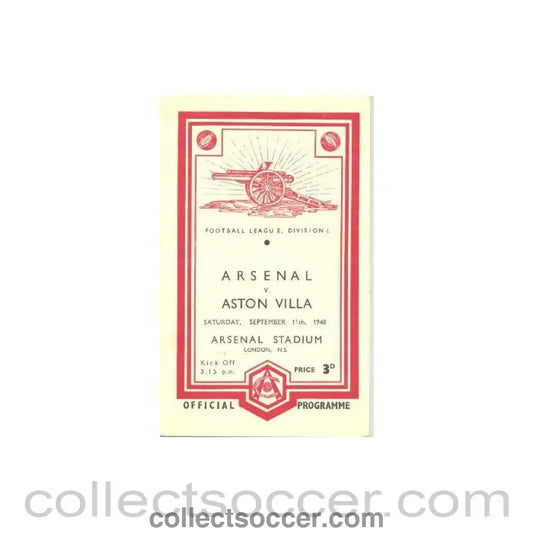 1948 - Arsenal v Aston Villa official programme 11/09/1948 Football League