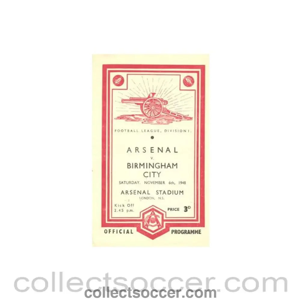 1948 - Arsenal v Birmingham City official programme 06/11/1948 Football League