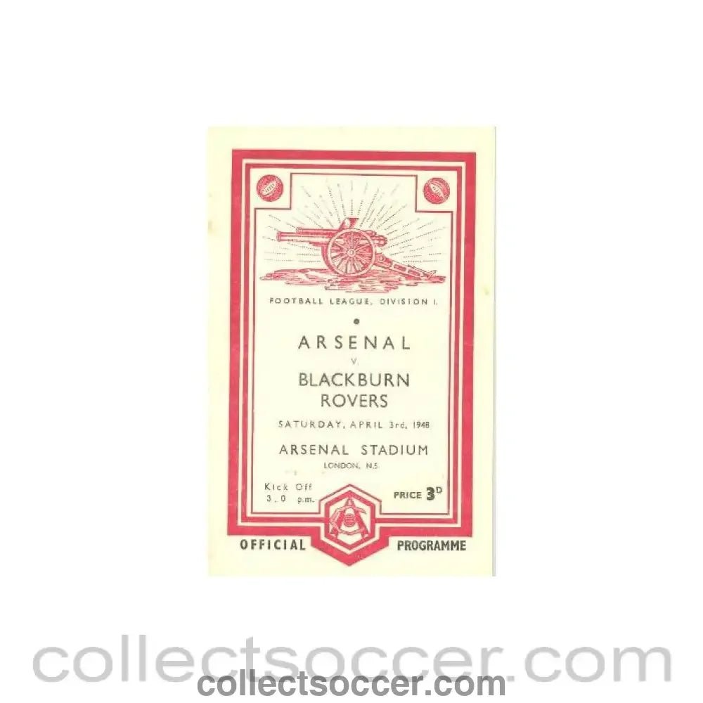 1948 - Arsenal v Blackburn Rovers official programme 03/04/1948 Football League - Collect Soccer