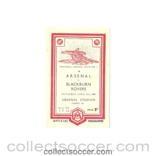 1948 - Arsenal v Blackburn Rovers official programme 03/04/1948 Football League