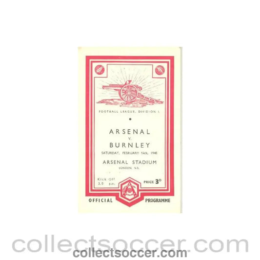 1948 - Arsenal v Burnley official programme 14/02/1948 Football League