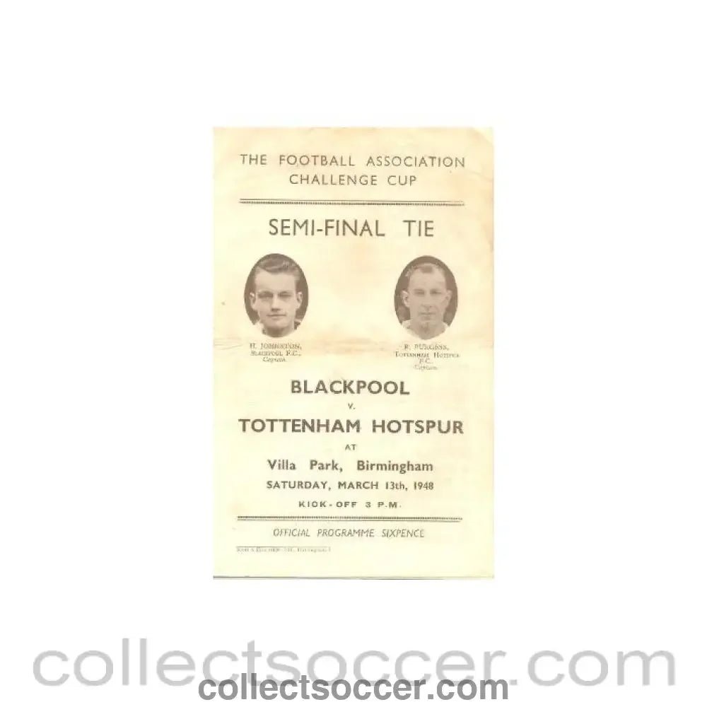 1948 Blackpool v Tottenham Hotspur official programme 13/03/1948 FA Cup Semi - Final - Collect Soccer