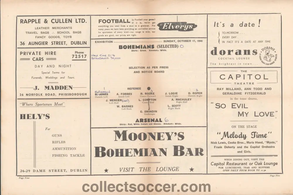 1948 Bohemians v Arsenal Programme in Very Good Condition.