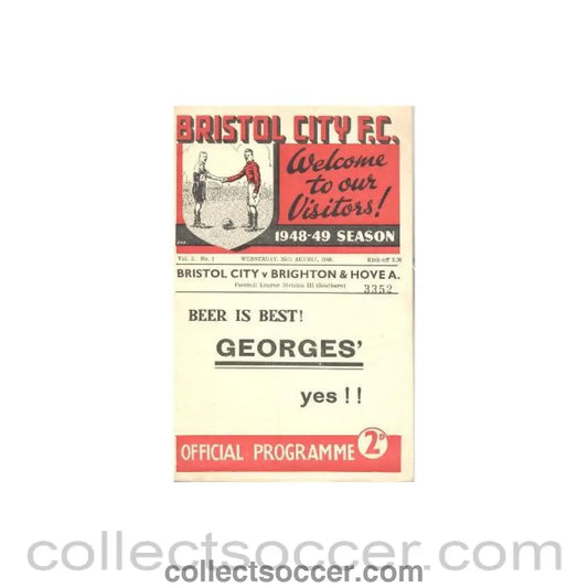 1948 - Bristol City v Brighton & Hove Albion official programme 25/08/1948