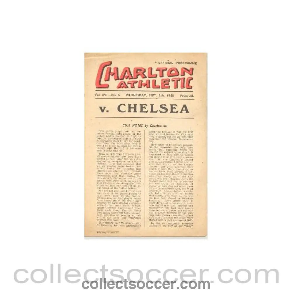 1948 - Charlton Athletic vChelsea official programme 08/09/1948 - Collect Soccer