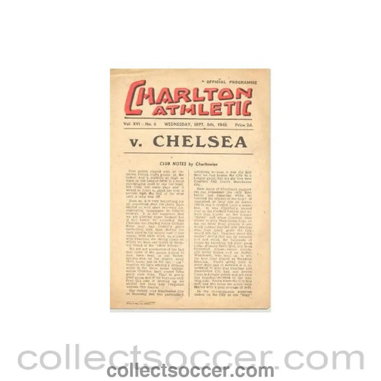 1948 - Charlton Athletic vChelsea official programme 08/09/1948 - Collect Soccer