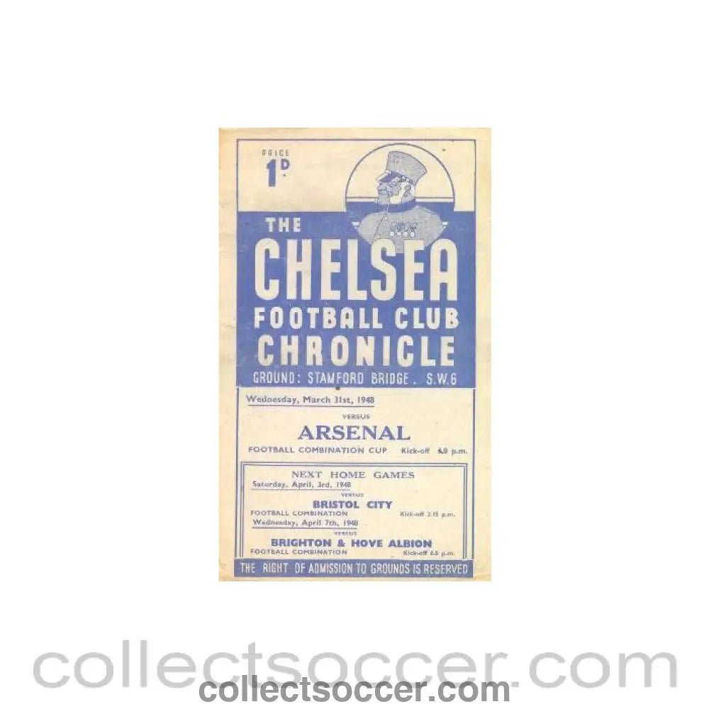 1948 - Chelsea Reserves v Arsenal Reserves official programme 31/03/1948 - Collect Soccer