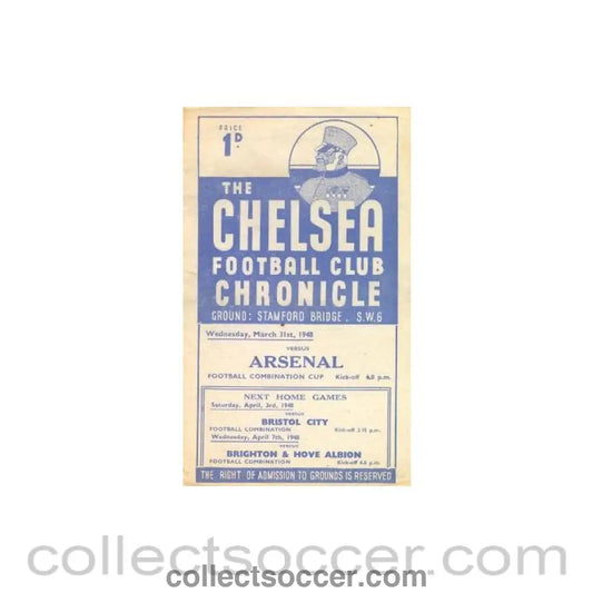1948 - Chelsea Reserves v Arsenal Reserves official programme 31/03/1948