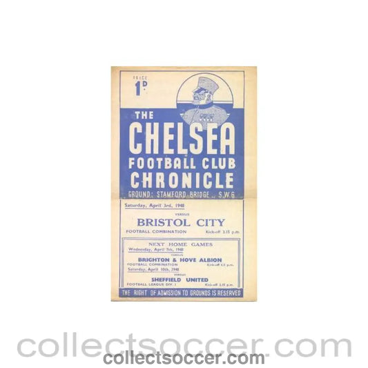 1948 - Chelsea Reserves v Bristol City Reserves official programme 03/04/1948