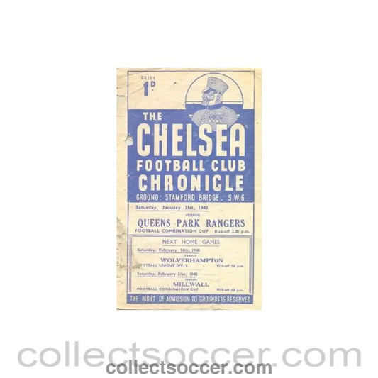 1948 - Chelsea Reserves v Queen’s Park Rangers Reserves official programme 31/01/1948