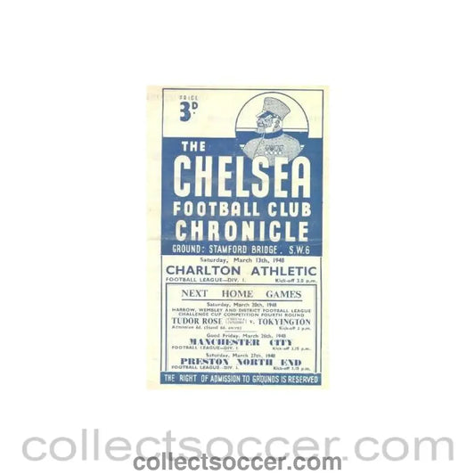 1948 - Chelsea v Charlton Athletic official programme 13/03/1948