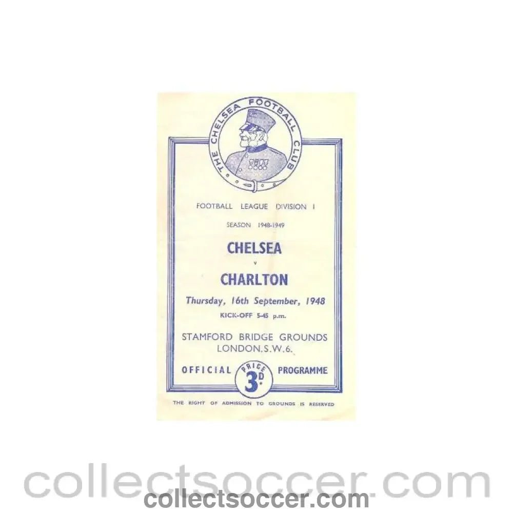 1948 - Chelsea v Charlton official programme 16/09/1948 - Collect Soccer