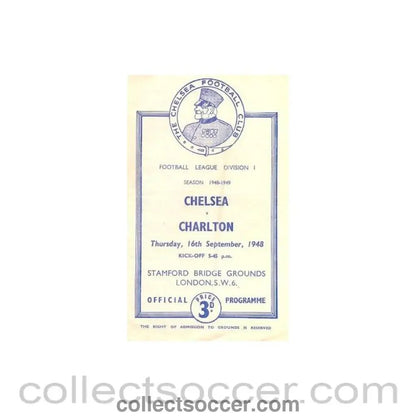 1948 - Chelsea v Charlton official programme 16/09/1948 - Collect Soccer