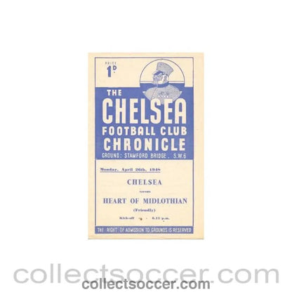 1948 - Chelsea v Heart of Midlithian official programme 26/04/1948 friendly match - Collect Soccer