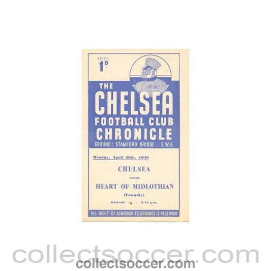 1948 - Chelsea v Heart of Midlithian official programme 26/04/1948 friendly match - Collect Soccer