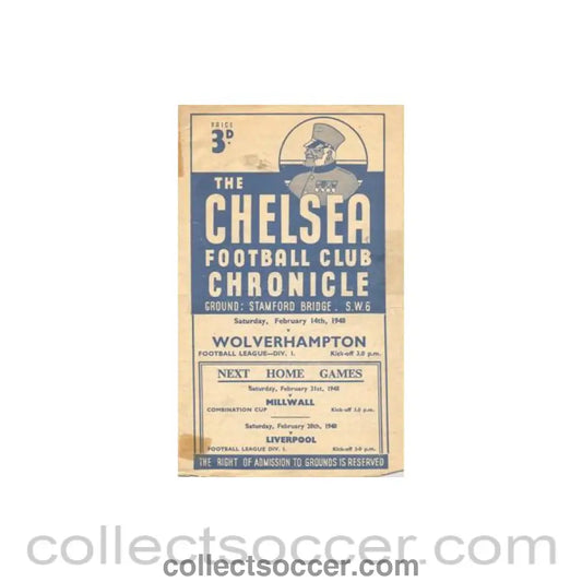 1948 - Chelsea v Wolverhampton Wanderers official programme 14/02/1948 Football League