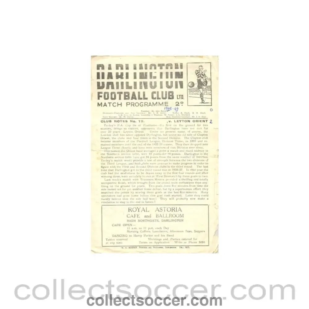 1948 - Darlington v Leyton Orient official programe 11/12/1948 very rare - Collect Soccer
