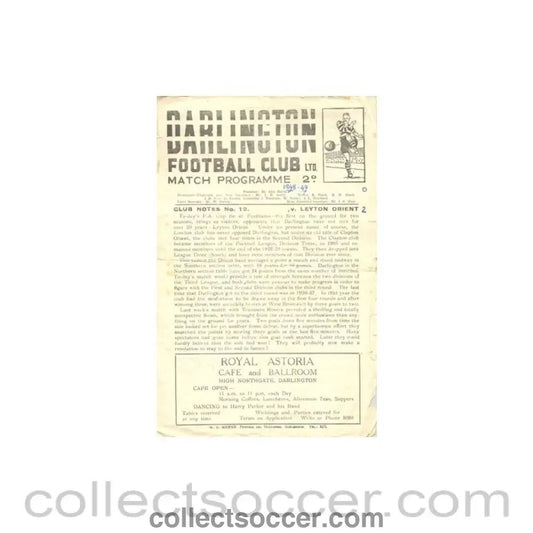 1948 - Darlington v Leyton Orient official programe 11/12/1948 very rare - Collect Soccer