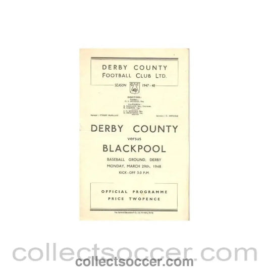 1948 - Derby County v Blackpool official programme 29/03/1948 - Collect Soccer