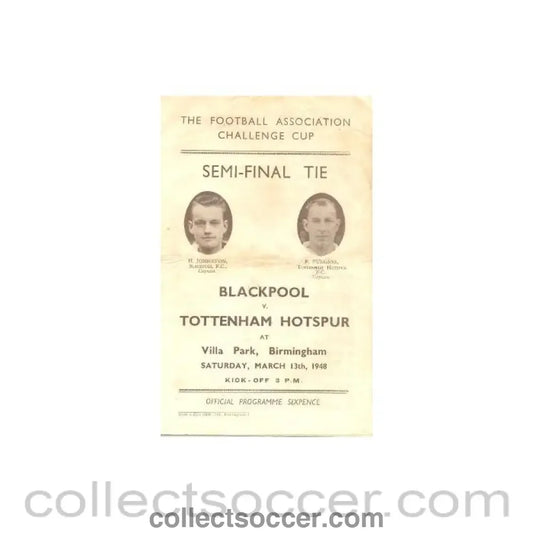 1948 FA Cup Semi-Final Programme Blackpool v Tottenham Hotspur official programme 13/03/1948