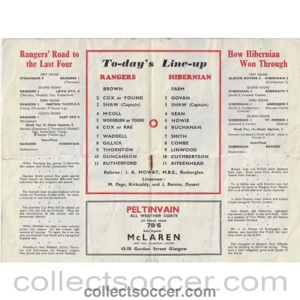 1948 - Glasgow Rangers v Hibernian Scottish Cup Semi Final Programme 27/03/1948 - Collect Soccer