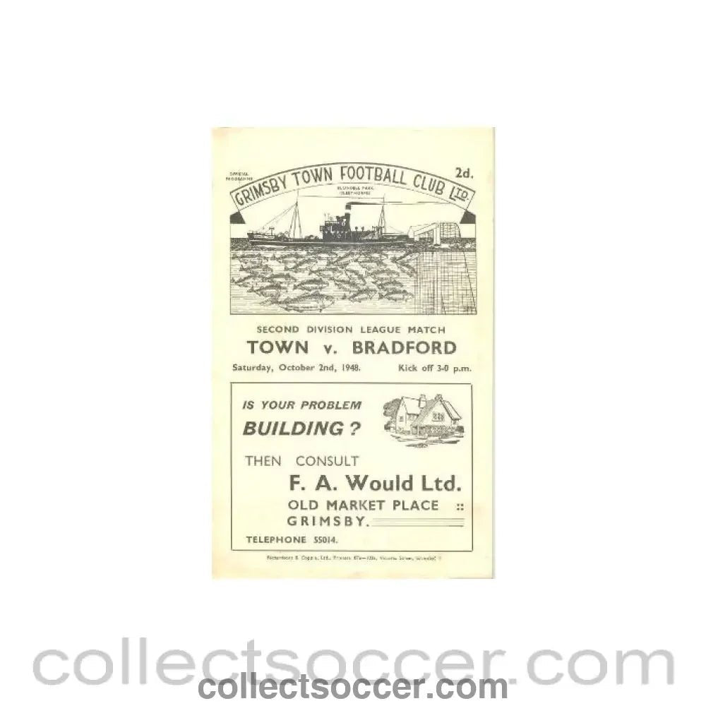 1948 - Grimsby Town v Bradford official programme 02/10/1948 - Collect Soccer