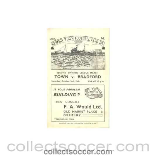 1948 - Grimsby Town v Bradford official programme 02/10/1948 - Collect Soccer