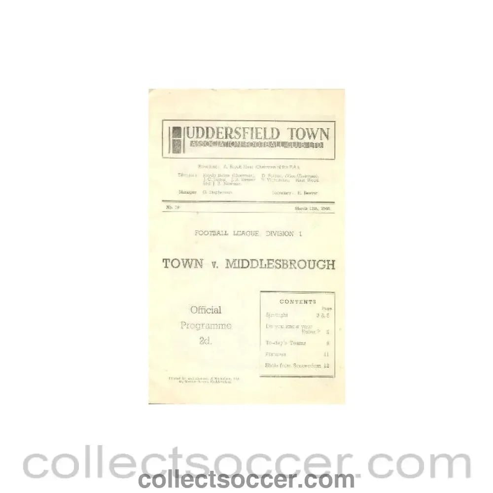 1948 - Huddersfield Town v Middlesbrough official programme 13/03/1948 - Collect Soccer