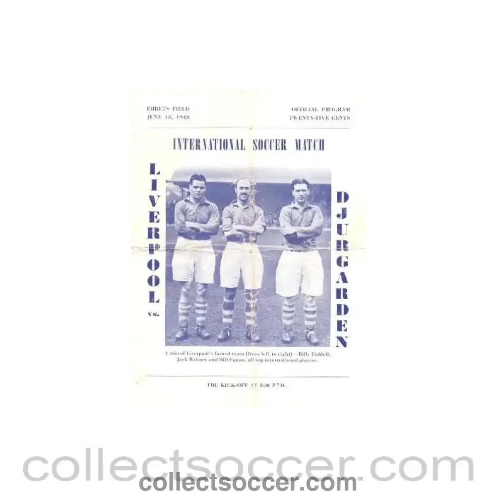 1948 - In the USA - Liverpool v Djurgarden official programme 18/06/1948 Very Rare! - Collect Soccer